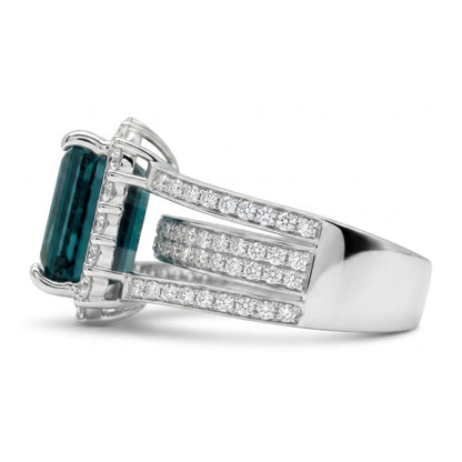 14K 4.33ct Emerald Cut Indicolite 1.11cttw VS White Diamonds Ring