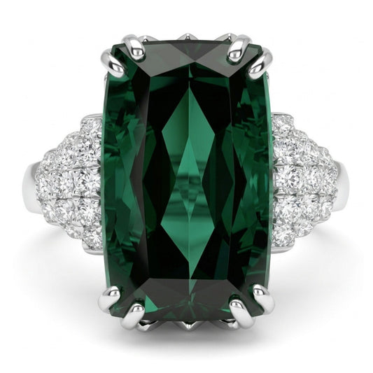 14K 6.85ct Cushion Teal Tourmaline 0.39cttw VS White Diamonds Ring