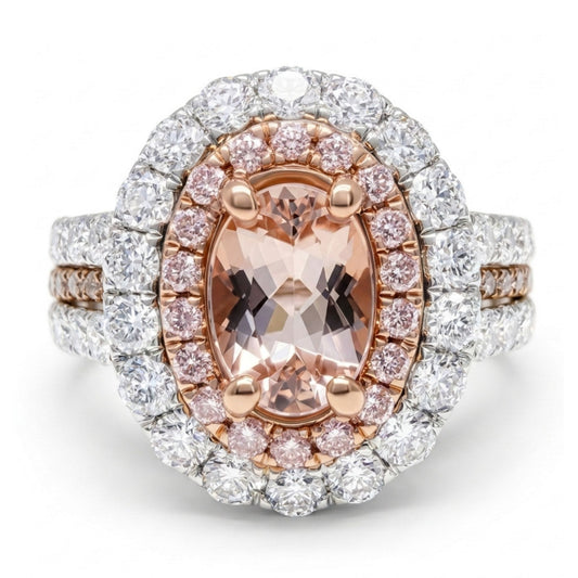 14K 0.60ct Oval Pink Morganite 1.72cttw Pink & White Diamonds Ring