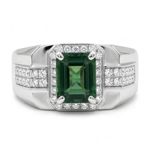 14K 2.23ct Emerald Cut Unheated Green Sapphire 0.51cttw VS White Diamonds Gent's Ring