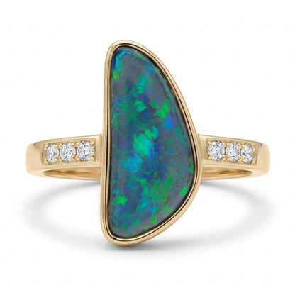 18K 2.64ct Free Form Black Opal 0.12cttw White Diamonds Ring