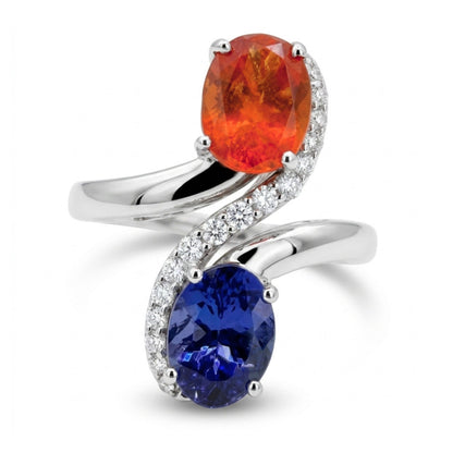 18K 1.50ct Oval Rhodochrosite 1.15ct Oval Tanzanite 0.17cttw White Diamonds Ring