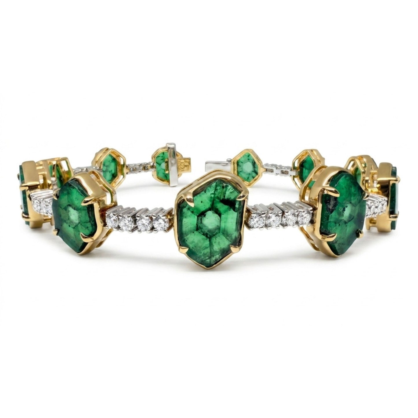 18K 17.37cttw Free Form Trapiche Emerald 1.52cttw White Diamonds Bracelet