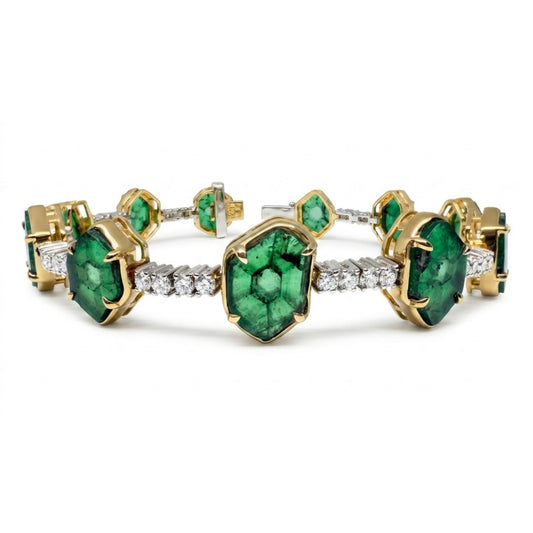 18K 17.37cttw Free Form Trapiche Emerald 1.52cttw White Diamonds Bracelet