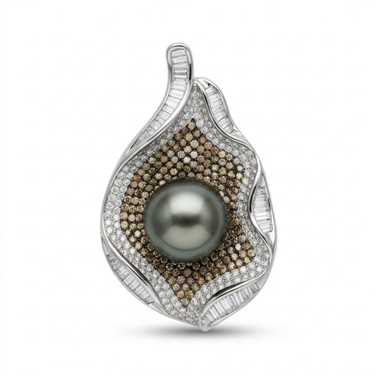 18K 13.5mm Tahitian Black Pearl 3.20cttw Champagne & White Diamonds Pendant