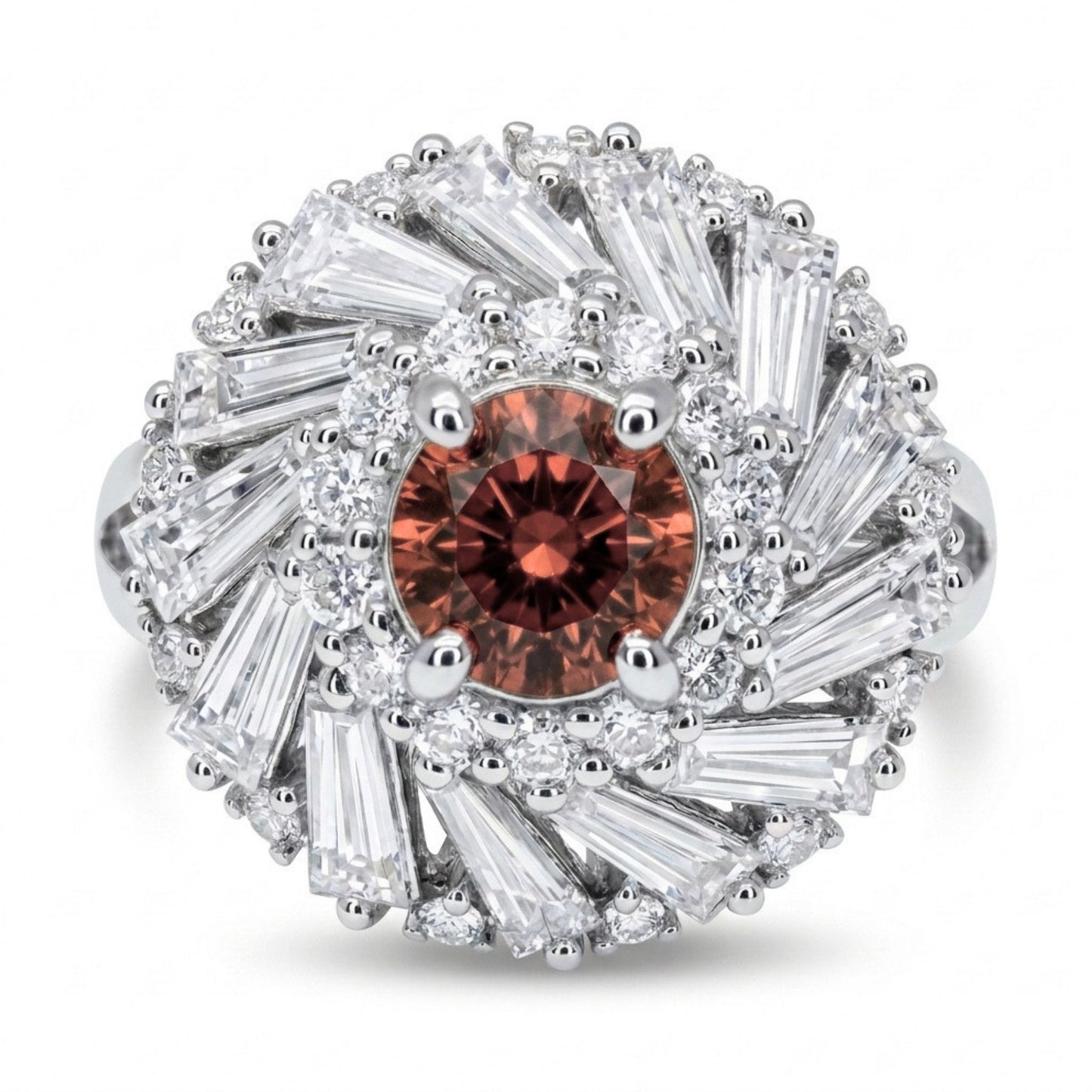 14K 1.05ct Round Unheated Padparadscha 1.68cttw VS White Diamonds Ring
