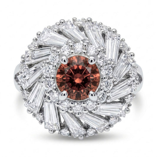 14K 1.05ct Round Unheated Padparadscha 1.68cttw VS White Diamonds Ring