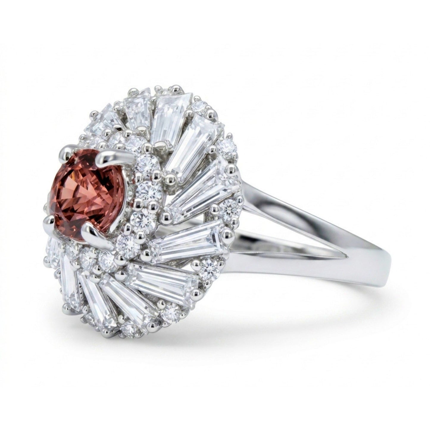 14K 1.05ct Round Unheated Padparadscha 1.68cttw VS White Diamonds Ring