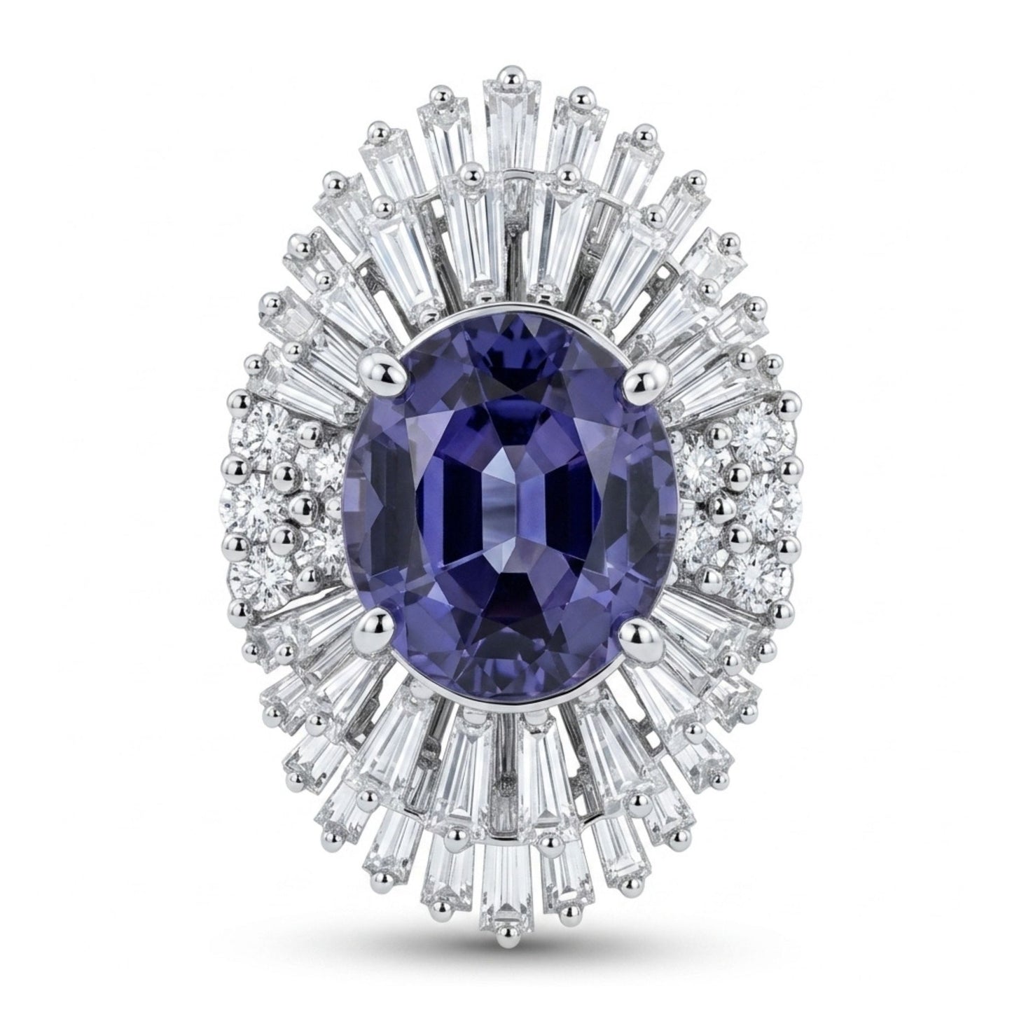 14K 7.40ct Oval Unheated Peacock Tanzanite 3.58cttw VS White Diamonds Ring