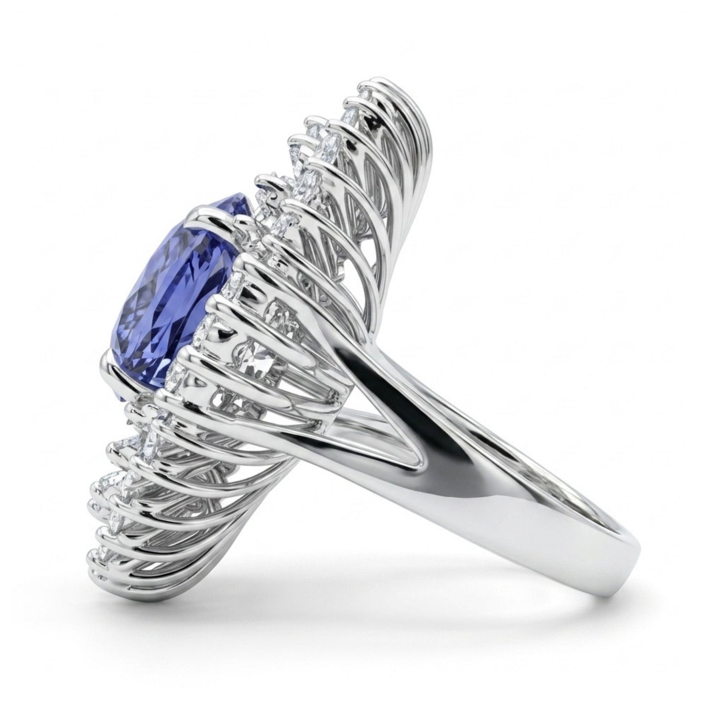 14K 7.40ct Oval Unheated Peacock Tanzanite 3.58cttw VS White Diamonds Ring