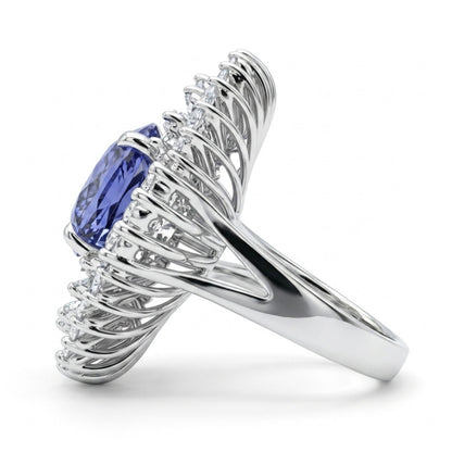 14K 7.40ct Oval Unheated Peacock Tanzanite 3.58cttw VS White Diamonds Ring