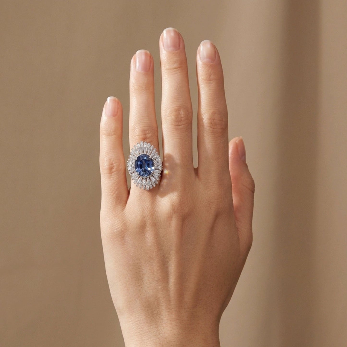 14K 7.40ct Oval Unheated Peacock Tanzanite 3.58cttw VS White Diamonds Ring