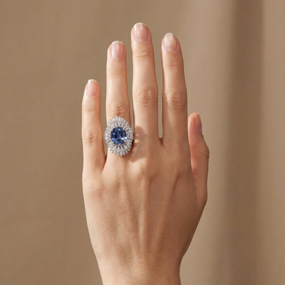 14K 7.40ct Oval Unheated Peacock Tanzanite 3.58cttw VS White Diamonds Ring