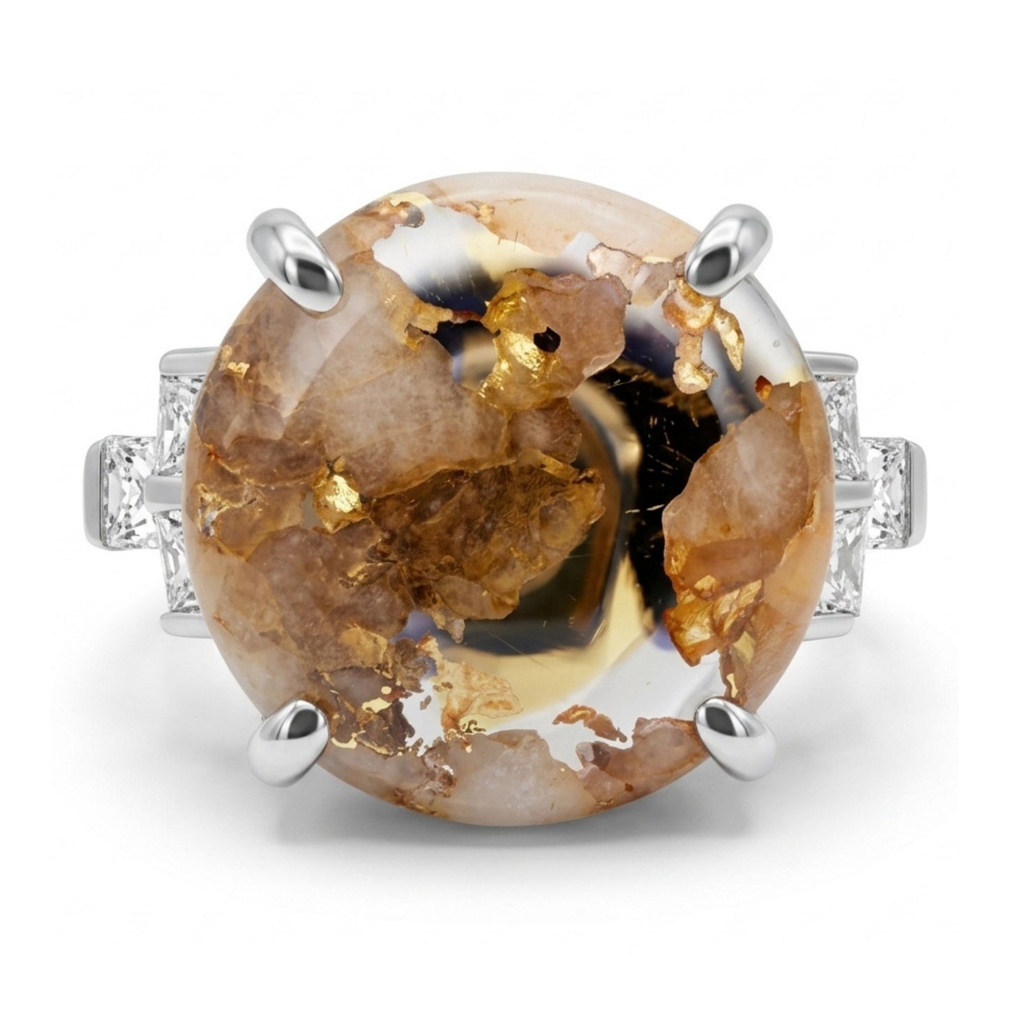 14K 12.94ct Round Natural Gold Quartz 0.66cttw VS White Diamonds Ring