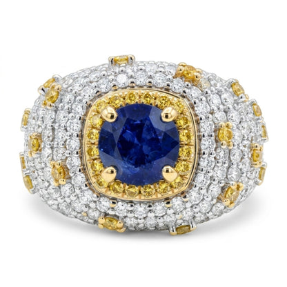 14K 1.14ct Cushion Blue Sapphire 2.70cttw Yellow & White Diamonds Ring