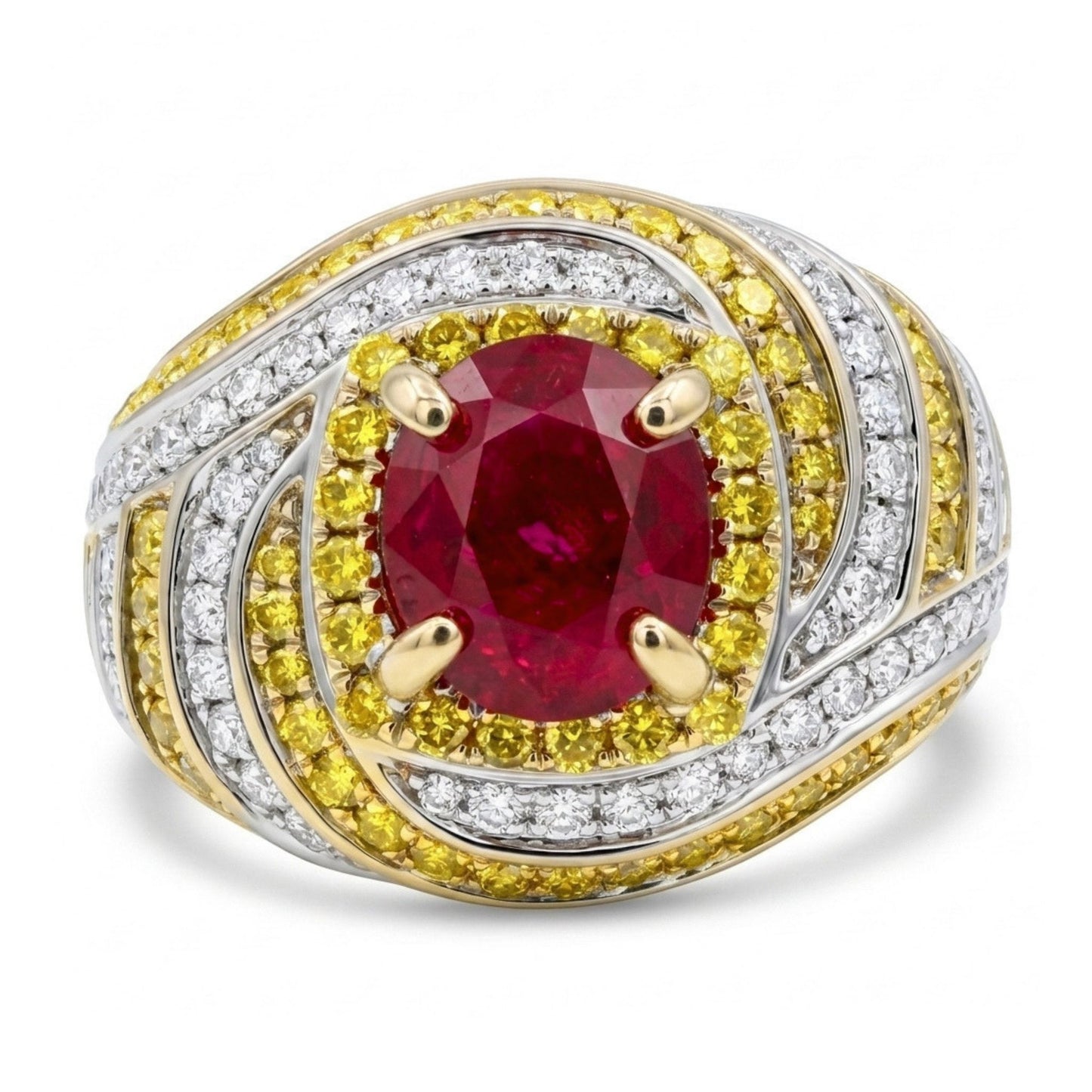 14K 2.02ct Cushion Burma Ruby 1.13cttw Yellow & White Diamonds Ring