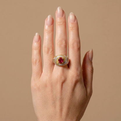 14K 2.02ct Cushion Burma Ruby 1.13cttw Yellow & White Diamonds Ring