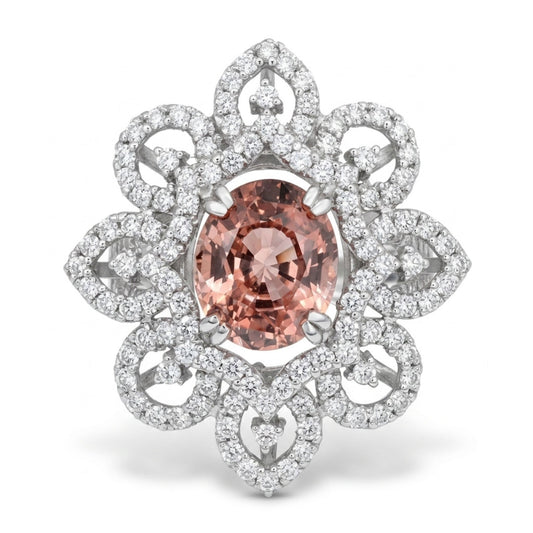 Platinum 1.56ct Oval Padparadscha 0.77cttw White Diamonds Designer Ring
