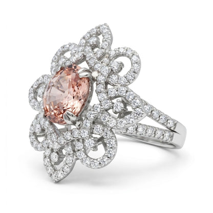 Platinum 1.56ct Oval Padparadscha 0.77cttw White Diamonds Designer Ring