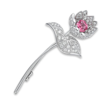 Platinum & 18K 0.81ct Oval Padparadscha 0.34cttw White Diamonds Flower Brooch