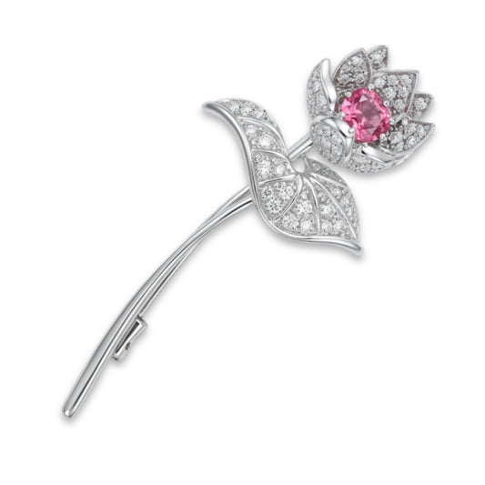 Platinum & 18K 0.81ct Oval Padparadscha 0.34cttw White Diamonds Flower Brooch