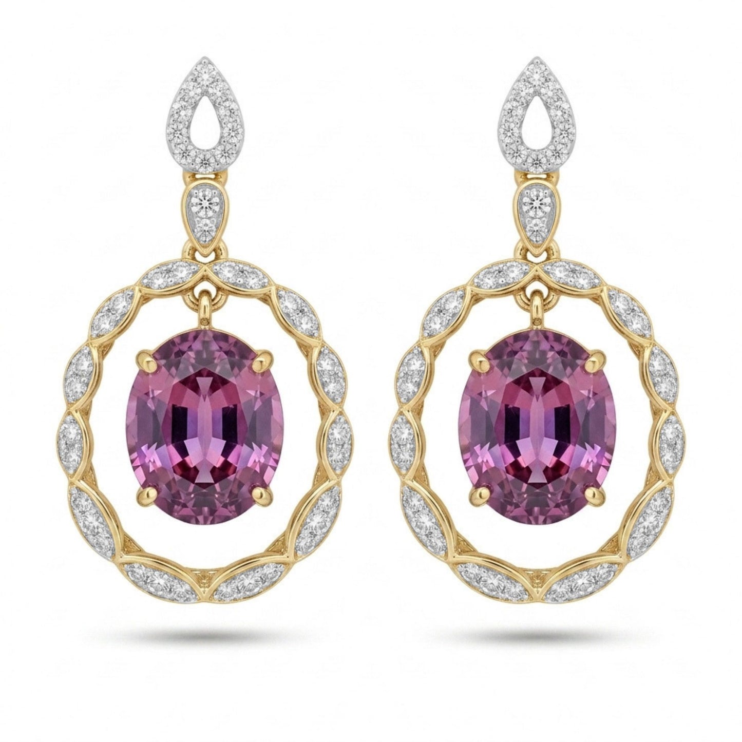 14K 7.09cttw Oval Fluorescent Malaya Garnet 0.50cttw VS White Diamonds Drop Earrings