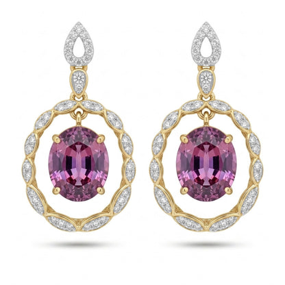 14K 7.09cttw Oval Fluorescent Malaya Garnet 0.50cttw VS White Diamonds Drop Earrings