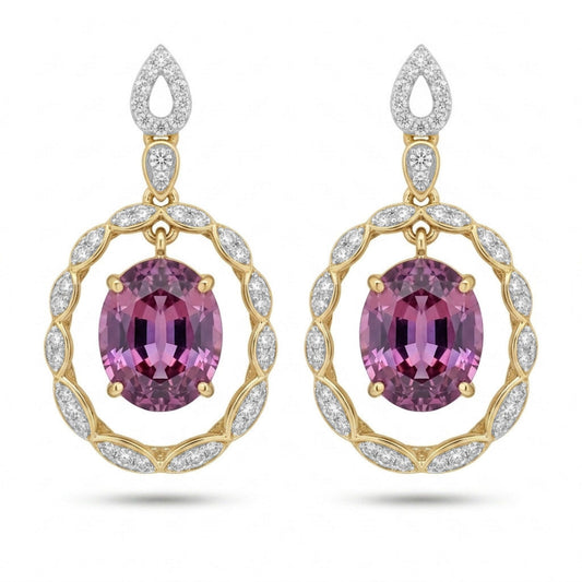 14K 7.09cttw Oval Fluorescent Malaya Garnet 0.50cttw VS White Diamonds Drop Earrings