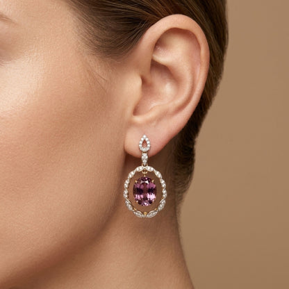 14K 7.09cttw Oval Fluorescent Malaya Garnet 0.50cttw VS White Diamonds Drop Earrings