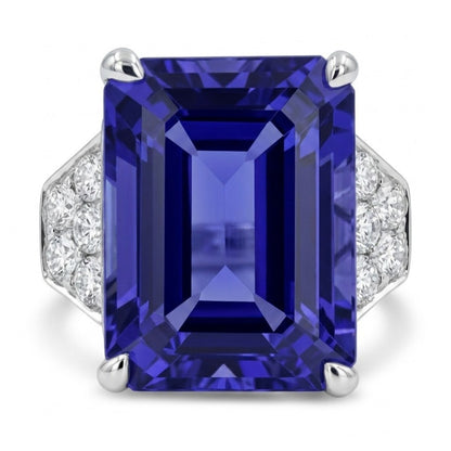 14K 10.33ct Emerald Cut Blue Wing Tanzanite 0.46cttw VS White Diamonds Ring