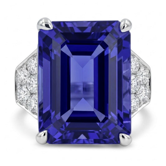 14K 10.33ct Emerald Cut Blue Wing Tanzanite 0.46cttw VS White Diamonds Ring