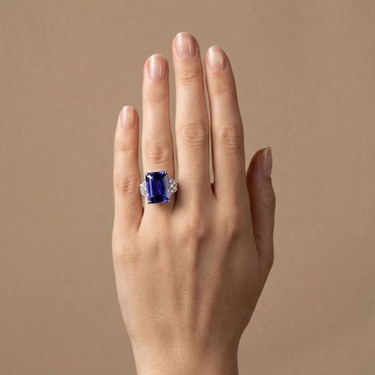 14K 10.33ct Emerald Cut Blue Wing Tanzanite 0.46cttw VS White Diamonds Ring
