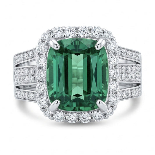 14K 6.57ct Cushion Congo Tourmaline 1.11cttw VS White Diamonds Ring