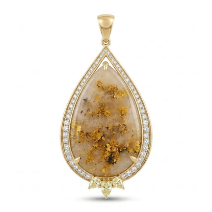 14K 35.75ct Pear Shape Natural Gold Quartz 1.96cttw VS Yellow & White Diamonds Pendant