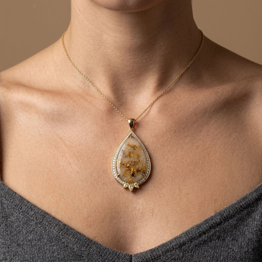 14K 35.75ct Pear Shape Natural Gold Quartz 1.96cttw VS Yellow & White Diamonds Pendant