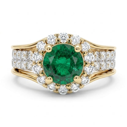 14K 0.73ct Round Colombian Emerald 0.95cttw VS White Diamonds Ring