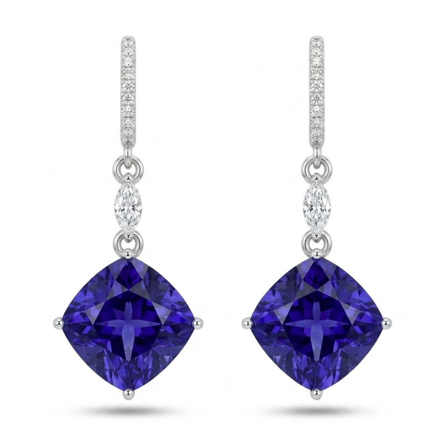18K 18.52cttw Cushion Blue Wing Tanzanite 0.52cttw Marquise & Round VS White Diamond Drop Earrings