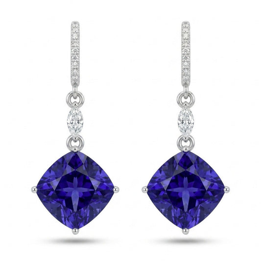 18K 18.52cttw Cushion Blue Wing Tanzanite 0.52cttw Marquise & Round VS White Diamond Drop Earrings