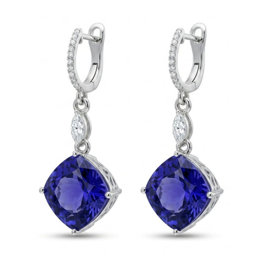 18K 18.52cttw Cushion Blue Wing Tanzanite 0.52cttw Marquise & Round VS White Diamond Drop Earrings