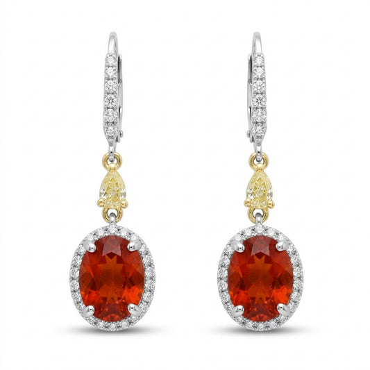 14K 2.31cttw Oval Fire Opal 0.76cttw Yellow & White Diamonds Drop Earrings