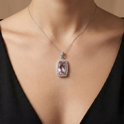 14K 8.60ct Cushion Unheated Pink Zoisite 0.99cttw Pink & White Diamonds Pendant
