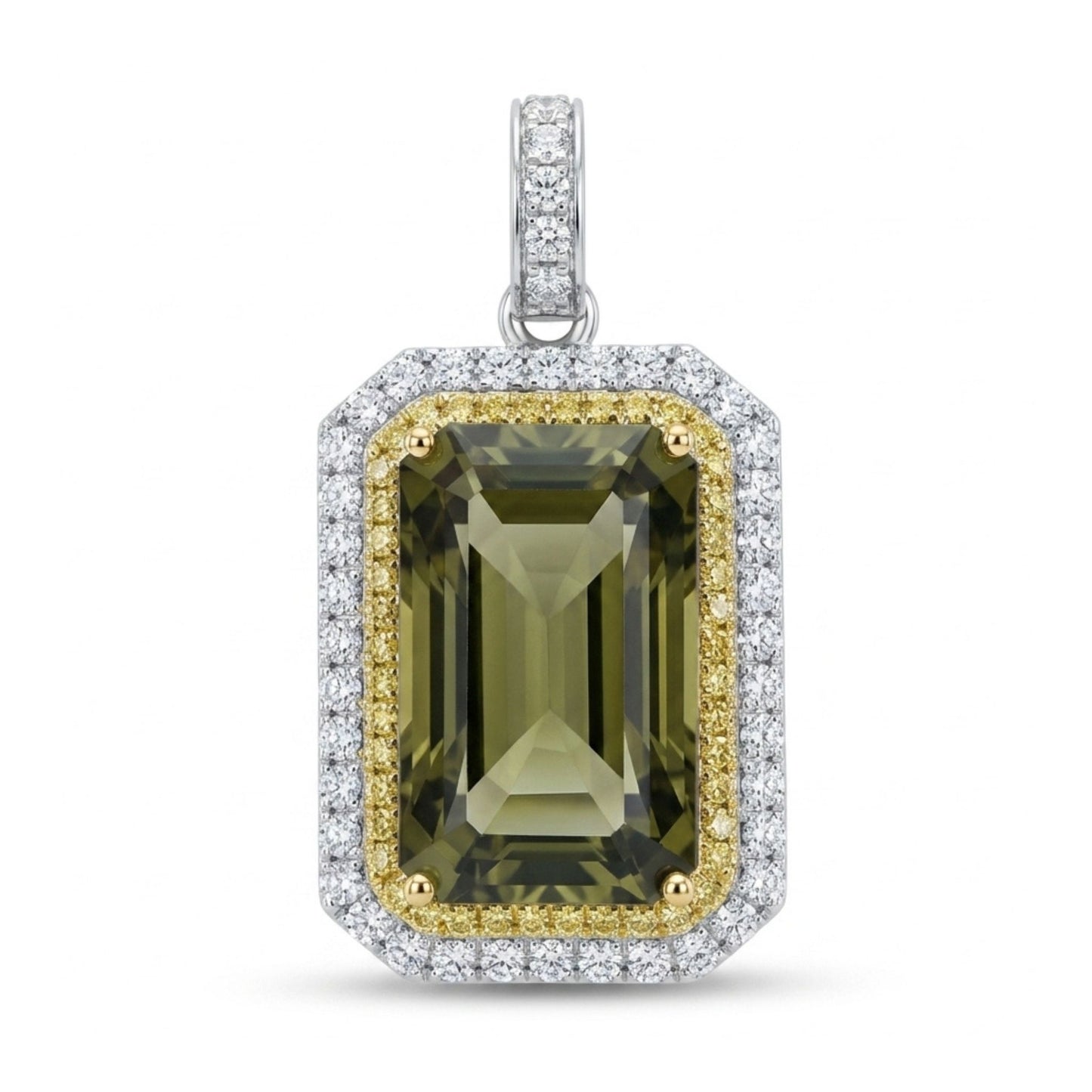 14K 12.05ct Emerald Cut Unheated Tanzanite 1.10cttw Yellow & White Diamonds Pendant