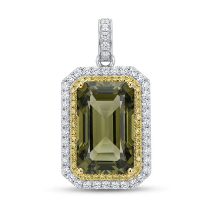 14K 12.05ct Emerald Cut Unheated Tanzanite 1.10cttw Yellow & White Diamonds Pendant