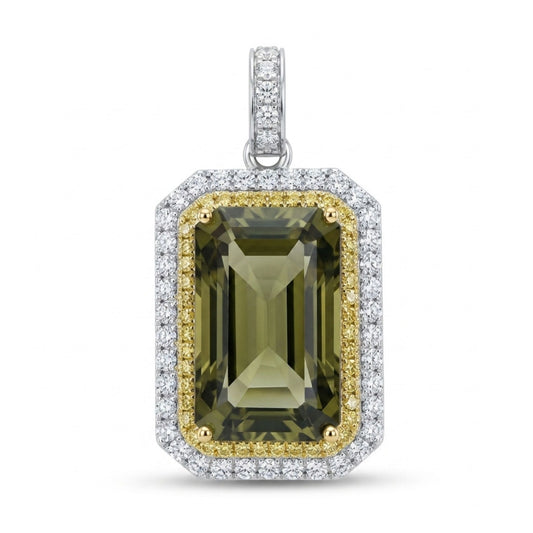 14K 12.05ct Emerald Cut Unheated Tanzanite 1.10cttw Yellow & White Diamonds Pendant