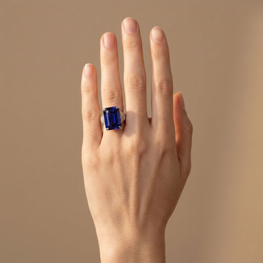 14K 9.00ct Emerald Cut Blue Wing Tanzanite 0.22cttw VS White Diamonds Ring