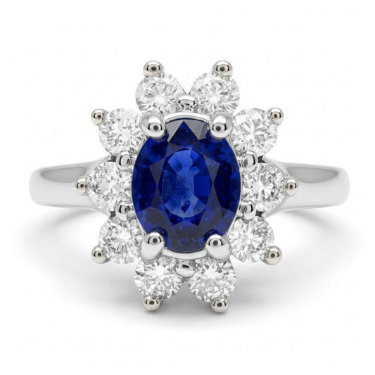 14K 0.84ct Oval Blue Sapphire 0.52cttw VS White Diamonds Ring