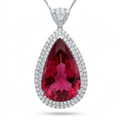 18K 35.36ct Pear Shape Rubellite 4.37cttw White Diamonds Necklace