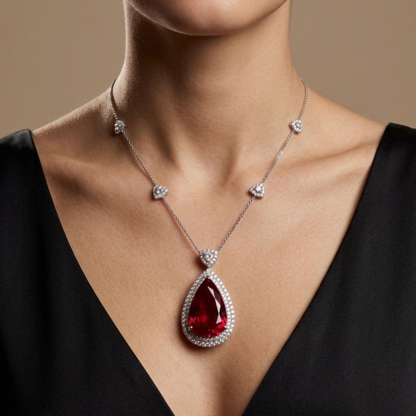 18K 35.36ct Pear Shape Rubellite 4.37cttw White Diamonds Necklace