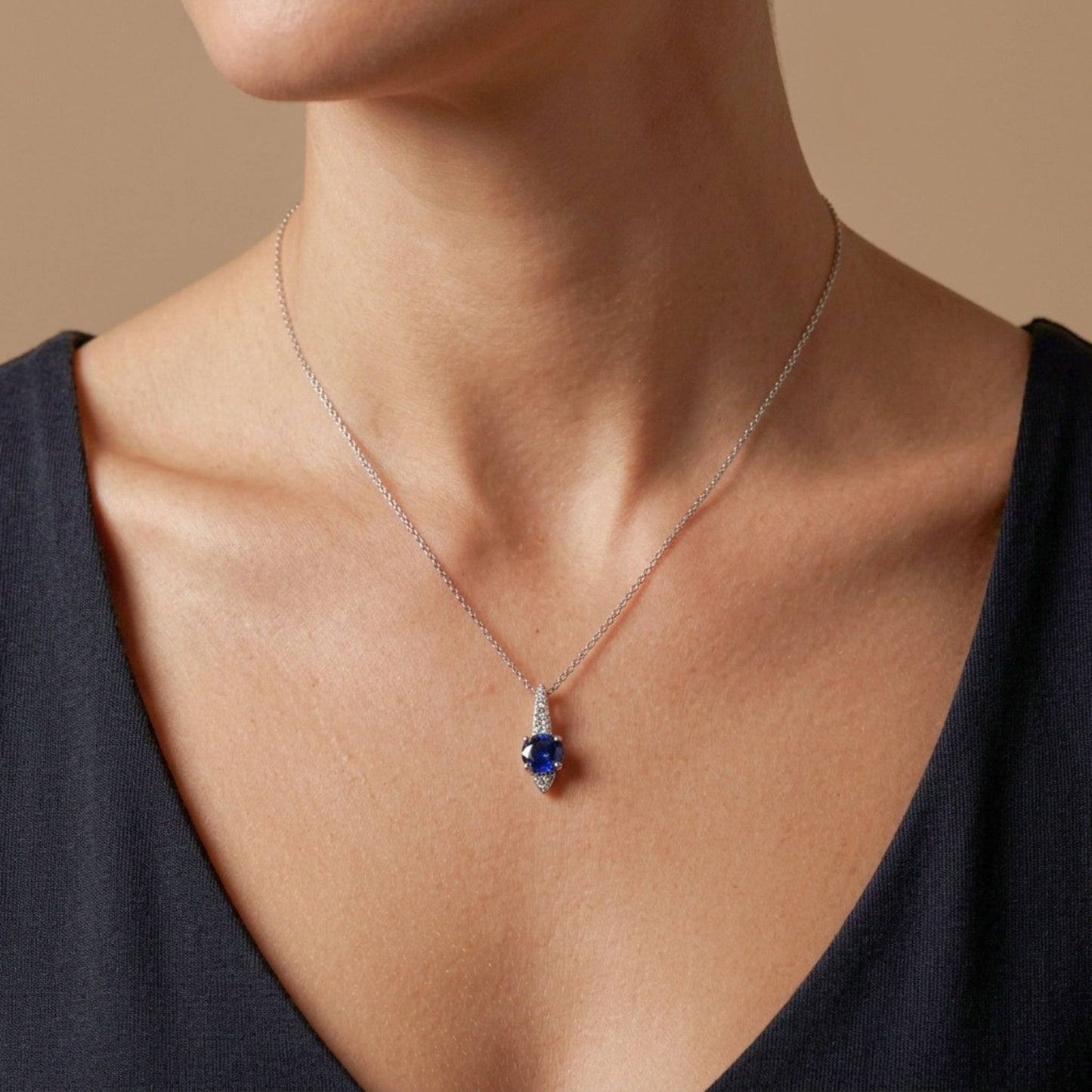 14K 0.45ct Oval Blue Sapphire 0.07cttw White Diamonds Pendant