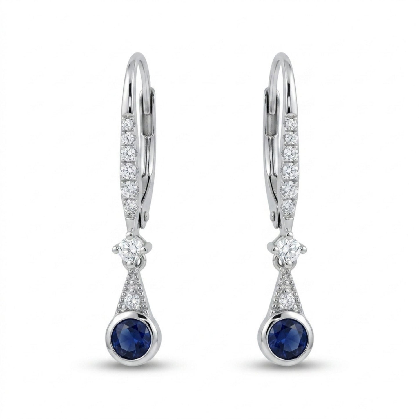 14K 0.23cttw Round Blue Sapphire 0.17cttw White Diamonds Drop Earrings